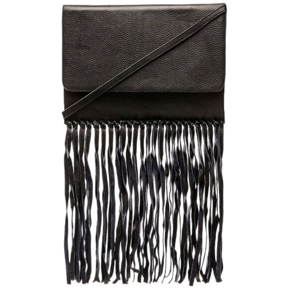 CLEOBELLA Sage Black Leather Fringe Clutch Crossbody Bag - Picture 1 of 10